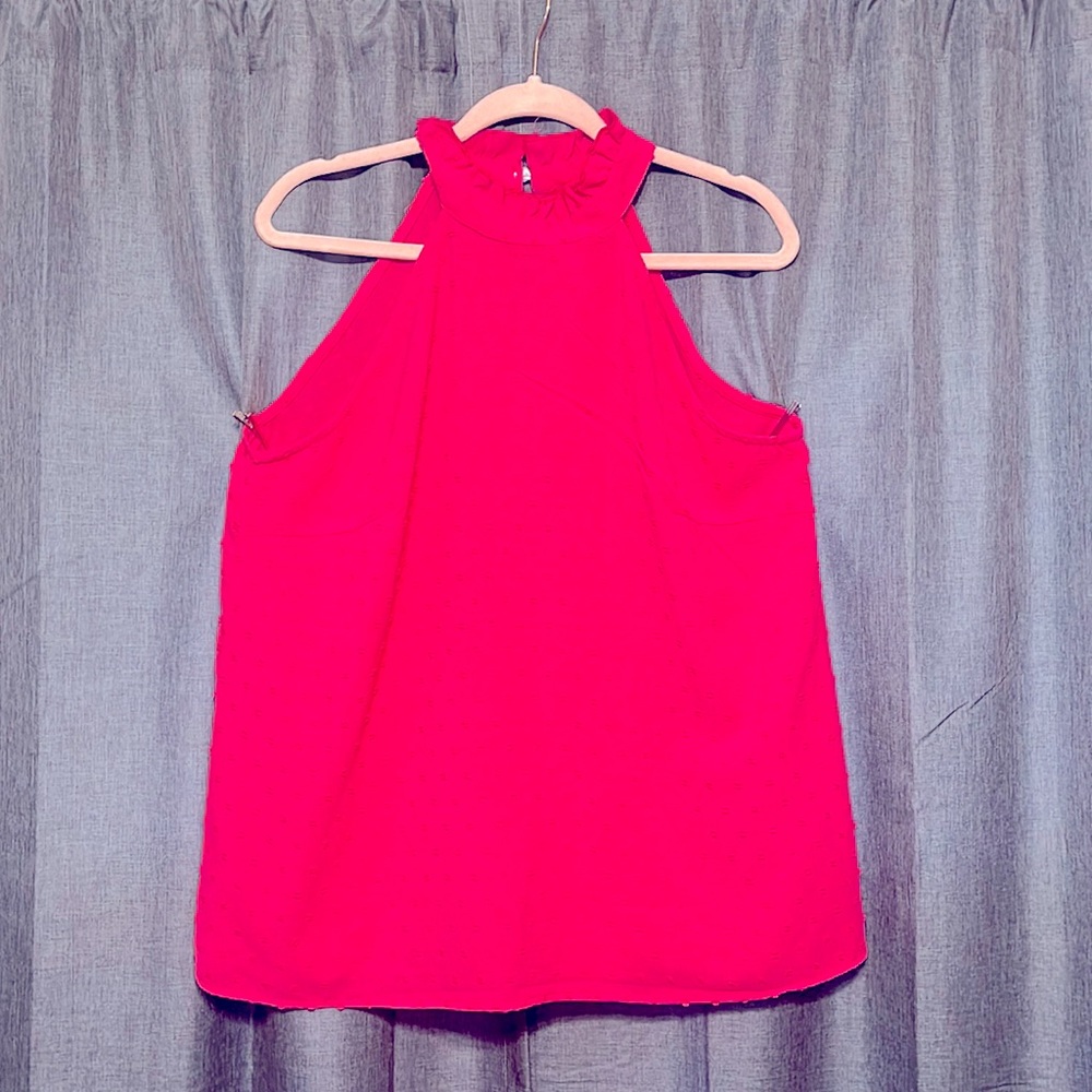 Hot Pink SHEIN Swiss Dot Frill Trim Halter Neck Blouse